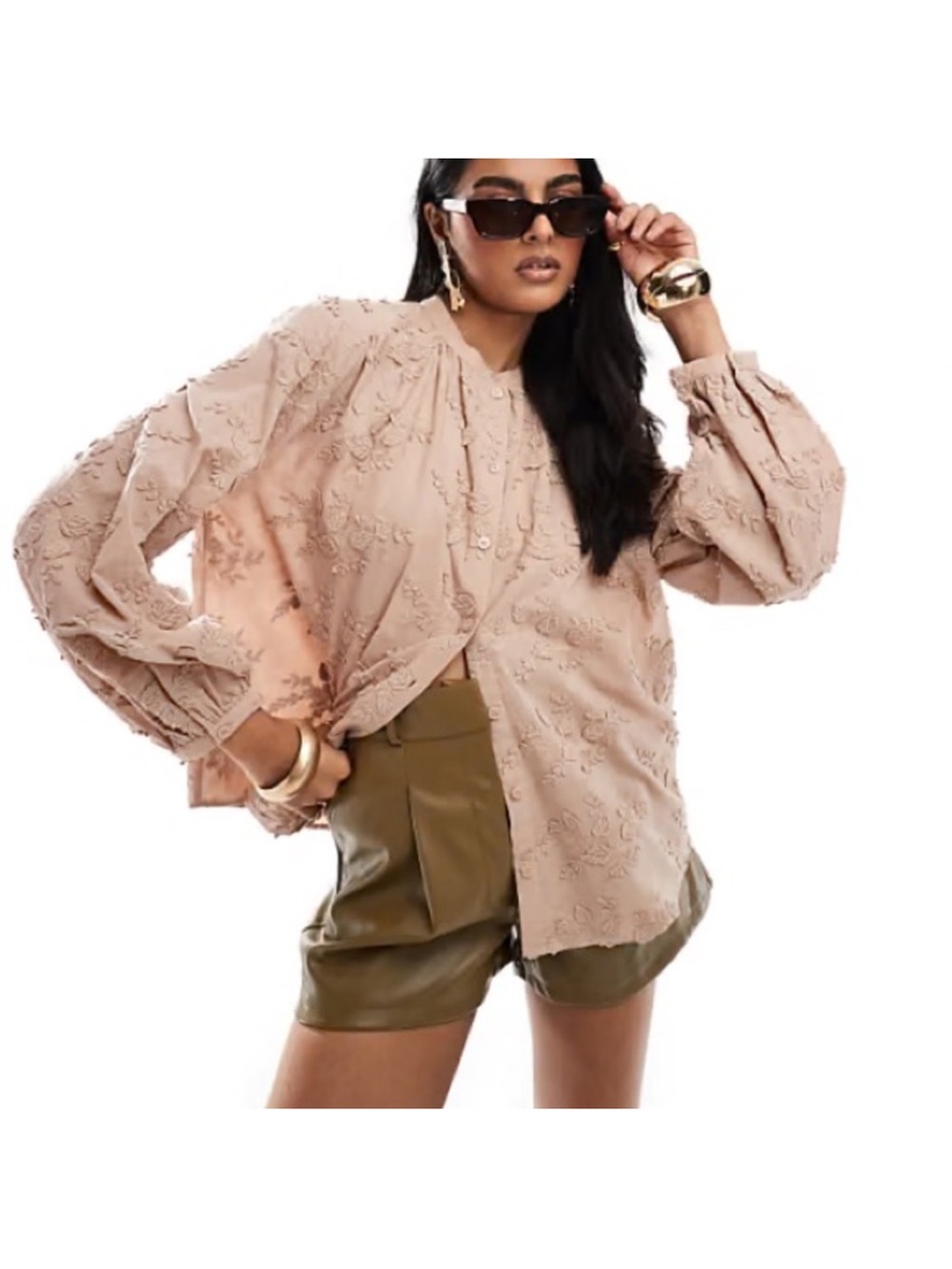& Other Stories Voluminous Floral Appliqué Blouse Dusty Pink Size 4